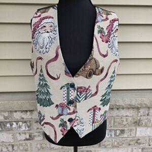 Vintage Conterio Holiday Tapestry Vest M — Santa & Christmas Tree Print
